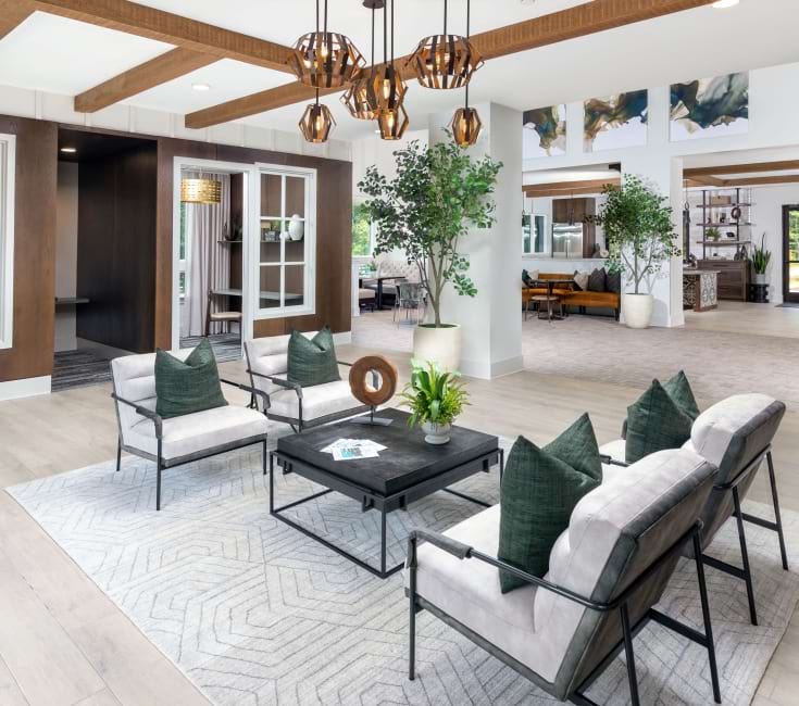 Expansive clubroom with modern decor and seating area